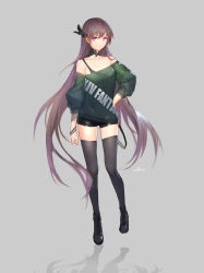Rule 34 | 1girl, arm at side, black thighhighs, boots, breasts, collarbone, cross-laced footwear, detached collar, expressionless, full body, hand on own hip, highres, horns, long hair, looking at viewer, off-shoulder, off-shoulder sweater, off shoulder, pixiv fantasia, purple eyes, reflection, short shorts, shorts, single horn, small breasts, solo, standing, standing on one leg, swd3e2, sweater, thighhighs, very long hair, wristband