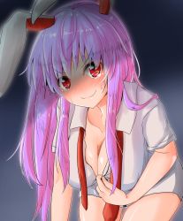 Rule 34 | &gt;:), 1girl, animal ears, artist request, blouse, blush, breasts, rabbit ears, cleavage, gradient background, highres, large breasts, long hair, looking at viewer, naughty face, necktie, open clothes, open shirt, purple hair, red eyes, reisen udongein inaba, shirt, smile, solo, touhou, undressing, white shirt