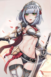 Rule 34 | 1girl, :d, absurdres, armor, armored boots, artist name, ascot, back bow, belt, bikini armor, black belt, black thighhighs, blunt bangs, blush, boots, bow, braid, breasts, claymore (sword), combat maid, commentary, cowboy shot, english commentary, fantasy, flower, gauntlets, genshin impact, gloves, greatsword, green eyes, groin, hair flower, hair ornament, highres, holding, holding sword, holding weapon, huge weapon, kb-5, looking at viewer, maid, maid headdress, medium breasts, midriff, navel, neck ribbon, noelle (genshin impact), open mouth, pauldrons, red bow, red neckwear, ribbon, rose, short hair, shoulder armor, sidelocks, signature, silver hair, simple background, smile, solo, standing, sword, thighhighs, weapon