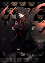 Rule 34 | 1girl, black cloak, black eyes, black hair, cloak, commentary request, fate/strange fake, fate (series), head tilt, hood, hooded cloak, kyoeiki, looking at viewer, mask, no name assassin (fate), red ribbon, ribbon, skull mask, solo