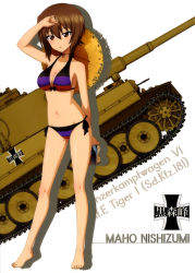 Rule 34 | 1girl, absurdres, arm behind back, barefoot, bikini, black bow, black ribbon, bow, bow bikini, breasts, brown eyes, brown hair, character name, choker, cleavage, collarbone, contrapposto, full body, girls und panzer, hair between eyes, halterneck, hat, highres, looking at viewer, medium breasts, military, military vehicle, motor vehicle, nishizumi maho, open mouth, ribbon, ribbon choker, shadow, short hair, side-tie bikini bottom, sideboob, solo, standing, straw hat, striped bikini, striped clothes, sun hat, swimsuit, tank, tiger i, white background