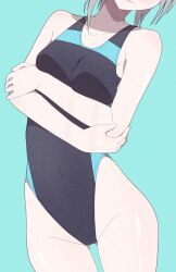 Rule 34 | aqua background, black one-piece swimsuit, blue archive, breasts, competition swimsuit, covered navel, crossed arms, gluteal fold, grey hair, head out of frame, highleg, highleg swimsuit, highres, kusha (madoukusya12), low ponytail, medium breasts, medium hair, multicolored clothes, multicolored swimsuit, official alternate costume, one-piece swimsuit, shiroko (blue archive), shiroko (swimsuit) (blue archive), standing, swimsuit, thigh gap