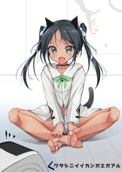 Rule 34 | 1girl, animal ears, barefoot, black hair, cat ears, cat tail, collared shirt, commentary request, dark-skinned female, dark skin, dress shirt, fang, francesca lucchini, full body, green eyes, hair ribbon, highres, long hair, open mouth, panties, ribbon, robot, shirt, solo, strike witches, striped clothes, striped panties, tail, translation request, underwear, white shirt, world witches series, yashin (yasinz)