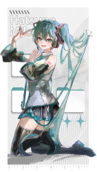 Rule 34 | 1girl, absurdres, aqua eyes, aqua hair, aqua nails, aqua necktie, arm tattoo, arm up, black footwear, black skirt, black sleeves, boots, border, character name, collared shirt, cursor, detached sleeves, file, full body, grey background, hair ornament, hand up, hatsune miku, headphones, highres, kikinoki, kneeling, long hair, looking at viewer, necktie, number tattoo, open mouth, outside border, pleated skirt, shirt, skirt, sleeveless, sleeveless shirt, smile, solo, tattoo, thigh boots, twintails, v over eye, very long hair, vocaloid, white border, white shirt
