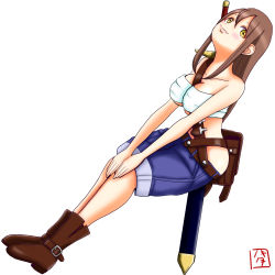 Rule 34 | 1girl, artist name, artist request, bandeau, bare legs, bare shoulders, belt, blue pants, blush, boots, breasts, brown belt, brown eyes, brown footwear, brown hair, collarbone, female focus, full body, hair between eyes, hands on own knees, highres, invisible chair, kunikida hanamaru, light brown hair, long hair, looking at viewer, love live!, love live! sunshine!!, medium breasts, pants, parted lips, short pants, sitting, smile, solo, sword, weapon, white background, white bandeau, yellow eyes, zero mozzarella