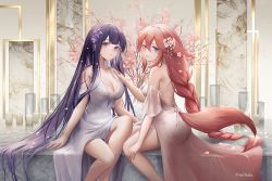 Rule 34 | 2girls, absurdres, bare shoulders, blunt bangs, braid, branch, breasts, candle, cleavage, deess, dress, genshin impact, hand on another&#039;s shoulder, highres, hime cut, large breasts, long hair, looking at viewer, low-braided long hair, low-tied long hair, mihaia, multiple girls, parted lips, pink hair, purple eyes, purple hair, raiden shogun, sitting, smile, very long hair, white dress, yae miko, yuri