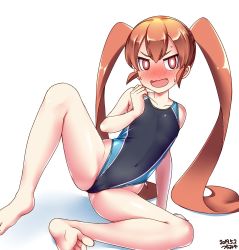 Rule 34 | 1girl, alternate costume, arm support, ass, barefoot, blush, brown hair, cameltoe, collarbone, commentary request, competition swimsuit, covered navel, fang, feet, female focus, flat chest, hair between eyes, hand to own mouth, highleg, highleg swimsuit, highres, leg up, long hair, looking at viewer, one-piece swimsuit, open mouth, orange eyes, simple background, sitting, skindentation, soles, solo, spread legs, sweat, sweatdrop, swimsuit, toes, tsuchimiya, twintails, ueno-san wa bukiyou, ueno (ueno-san wa bukiyou), very long hair, wavy mouth, white background