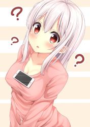 Rule 34 | 1girl, ?, blush, breasts, cellphone, cleavage, collarbone, covered erect nipples, eyebrows, karutamo, long hair, looking at viewer, looking up, medium breasts, medium hair, no bra, object on breast, open mouth, original, phone, pink sweater, red eyes, shiny skin, smartphone, solo, sweater, tawawa challenge, tisshu (karutamo), upper body, v arms, white hair