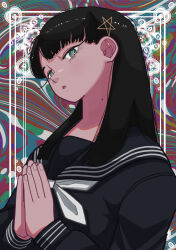 Rule 34 | 1girl, :o, abstract background, absurdres, black hair, black serafuku, commentary request, framed, from side, green eyes, hair ornament, hair over one eye, hands up, head tilt, highres, kurosuzu mio, long eyelashes, long hair, long sleeves, looking at viewer, looking to the side, mole, mole on neck, multicolored background, neckerchief, open mouth, outside border, overjav, palms together, paranormasight: the seven mysteries of honjo, pentagram, school uniform, serafuku, solo, star-shaped pupils, star (symbol), star hair ornament, swirl, symbol-shaped pupils, upper body, white neckerchief