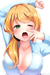 Rule 34 | 1girl, blonde hair, blush, breasts, cleavage, ellen baker, green eyes, long hair, new horizon, one eye closed, open mouth, pajamas, ponytail, scrunchie, simple background, solo, tears, twitter username, white background, yawning, yuuki hb