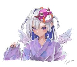 Rule 34 | 1girl, absurdres, amane kanata, angel wings, blue hair, colored inner hair, grey hair, highres, hololive, mask, mask on head, multicolored hair, purple eyes, purple robe, robe, signature, sleeves past wrists, solo, two-tone hair, two side up, upper body, virtual youtuber, wings, yo na