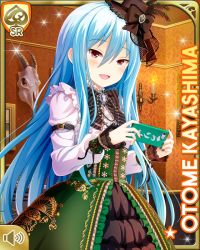 Rule 34 | 1girl, black hat, blue hair, dress, girlfriend (kari), gothic lolita, green dress, hat, holding, indoors, jewelry, kayashima otome, lolita fashion, long hair, mansion, mole, mole under eye, necklace, official art, open mouth, pantyhose, qp:flapper, red eyes, shirt, shoes, smile, solo, white shirt