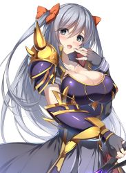 Rule 34 | 1girl, bow, breasts, cleavage, collarbone, fingerless gloves, gloves, hair bow, large breasts, long hair, looking at viewer, minamon (vittel221), parted lips, shoulder spikes, grey eyes, silver hair, simple background, smile, solo, spikes, white background