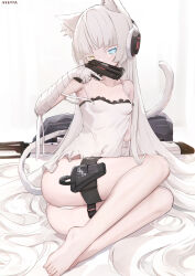 Rule 34 | 1girl, absurdres, animal ears, bandaged arm, bandages, bare shoulders, blue eyes, breasts, cat ears, cat girl, cat tail, covered mouth, covered navel, dress, frilled dress, frills, gun, handgun, headphones, heterochromia, highres, holding, holding gun, holding weapon, holster, long hair, nekoya (liu), original, panties, pantyshot, small breasts, tail, thigh holster, thigh strap, underwear, weapon, white dress, white hair, white panties, yellow eyes