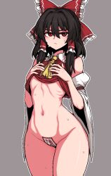 Rule 34 | 1girl, ascot, bare shoulders, black hair, blush, bow, closed mouth, cowboy shot, detached sleeves, formicid, grey background, groin, hair between eyes, hair bow, hair tubes, hakurei reimu, japanese clothes, long hair, looking at viewer, navel, nontraditional miko, ofuda, red bow, red eyes, sidelocks, simple background, solo, touhou, white sleeves, wide sleeves, yellow ascot