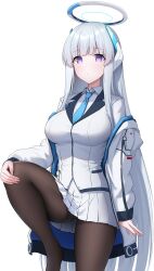 Rule 34 | 1girl, absurdres, black pantyhose, blue archive, blue necktie, breasts, halo, headgear, highres, jacket, long hair, looking at viewer, mechanical halo, medium breasts, necktie, noa (blue archive), pantyhose, purple eyes, skirt, solo, topgear, very long hair, white hair, white jacket, white skirt