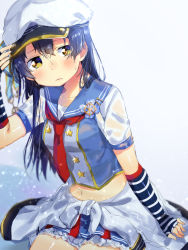 Rule 34 | 10s, 1girl, blue hair, blush, female focus, gloves, gradient background, hat, long hair, love live!, love live! school idol festival, love live! school idol project, mofun, skirt, solo, sonoda umi, yellow eyes