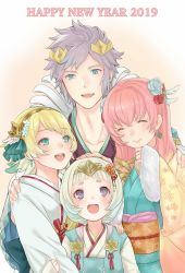 Rule 34 | 1boy, 2019, 3girls, aqua eyes, blonde hair, brother and sister, closed mouth, earrings, closed eyes, fire emblem, fire emblem heroes, fjorm (fire emblem), flower, fur trim, gunnthra (fire emblem), hair flower, hair ornament, happy new year, hrid (fire emblem), japanese clothes, jewelry, kimono, long hair, long sleeves, multiple girls, new year, nintendo, obi, open mouth, pink hair, purple eyes, sash, shimizu akina, short hair, siblings, simple background, sisters, smile, spiked hair, tiara, white hair, ylgr (fire emblem)