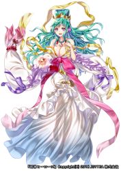 Rule 34 | aqua hair, bad id, bad pixiv id, bare shoulders, bow, breasts, cleavage, company name, copyright name, dress, fantasy, full body, gold trim, hair ornament, hair rings, hakuda tofu, highres, jewelry, long hair, medium breasts, necklace, official art, pink bow, purple eyes, see-through, simple background, sparkle, very long hair, white background, white dress, wide sleeves