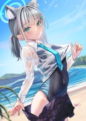 Rule 34 | 1girl, animal ear fluff, animal ears, beach, blue archive, blue eyes, blue necktie, blue one-piece swimsuit, blue sky, blush, closed mouth, clothes pull, collared shirt, covered navel, cross hair ornament, day, earrings, extra ears, grey hair, hair ornament, halo, highres, jewelry, long hair, long sleeves, nanashi (74 nanashi), necktie, one-piece swimsuit, outdoors, palm tree, plaid, plaid skirt, ponytail, purple skirt, see-through, shiroko (blue archive), shiroko (swimsuit) (blue archive), shirt, skirt, skirt pull, sky, solo, swimsuit, swimsuit under clothes, tree, white shirt