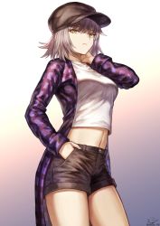 Rule 34 | 1girl, black shorts, breasts, brown hat, casual, coat, cowboy shot, crop top, fate/grand order, fate (series), gradient background, hand in pocket, hand on own neck, hat, highres, jeanne d&#039;arc (fate), jeanne d&#039;arc alter (avenger) (fate), jeanne d&#039;arc alter (fate), large breasts, looking at viewer, mashuu (neko no oyashiro), medium breasts, midriff, navel, open clothes, open coat, purple coat, shirt, short hair, short shorts, shorts, sidelocks, signature, silver hair, simple background, solo, stomach, tsurime, twitter username, white shirt, yellow eyes