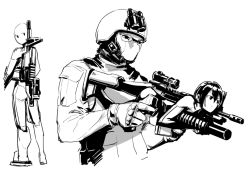 Rule 34 | 1boy, 1girl, assault rifle, greyscale, gun, helmet, military, military uniform, monochrome, original, rifle, robot, sketch, takahashi umori, uniform, weapon