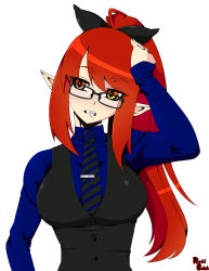 Rule 34 | 1girl, absurdres, black-framed eyewear, black bow, black vest, blue shirt, bow, breasts, bright pupils, buttons, clenched teeth, commentary, glasses, hair bow, hand on own head, hand up, head tilt, highres, large breasts, long hair, long sleeves, looking away, looking to the side, necktie, original, pointy ears, ponytail, red eyes, reddgeist, sharp teeth, shirt, signature, simple background, slit pupils, solo, striped necktie, striped neckwear, teeth, very long hair, vest, white background