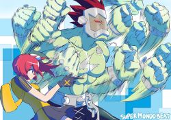 Rule 34 | 1boy, 1girl, afterimage, aiba ami, artist name, black gloves, black skirt, blue eyes, bolt (hardware), boltmon, breasts, chain, colored skin, digimon, digimon (creature), digimon story: cyber sleuth, gloves, glowing, glowing eyes, goggles, goggles on head, green skin, high side ponytail, highres, jojo no kimyou na bouken, jojo no kimyou na bouken: mirai e no isan, jojo pose, kujo jotaro&#039;s pose (jojo), mask, medium breasts, medium hair, meme, muscular, muscular male, parody, pointing, punching, rapid punches, red eyes, red hair, shirt, short sleeves, side ponytail, skirt, spiked belt, spiked hair, spikes, supermondobeat, topless, topless male, yellow shirt