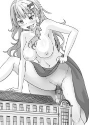 Rule 34 | 1girl, blush, breasts, building, building sex, clothes lift, female focus, female masturbation, frog hair ornament, giant, giantess, greyscale, hair ornament, kochiya sanae, kuro oolong, large breasts, masturbation, monochrome, navel, nipples, no panties, object insertion, open mouth, pussy juice, scarlet devil mansion, skirt, skirt lift, smile, snake hair ornament, solo, topless, touhou, tower, uncensored, vaginal, vaginal object insertion, what