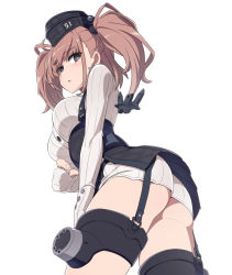 Rule 34 | 1girl, anchor hair ornament, ass, atlanta (kancolle), black skirt, breasts, brown hair, cowboy shot, earrings, closed eyes, garrison cap, garter straps, gloves, gluteal fold, grey eyes, hair ornament, hat, high-waist skirt, jewelry, kantai collection, large breasts, long hair, looking at viewer, nanashino, partially fingerless gloves, shirt, simple background, skirt, solo, star (symbol), star earrings, suspender skirt, suspenders, two side up, white background, white shirt