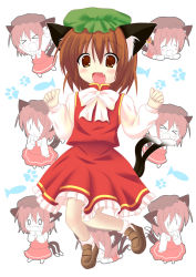 Rule 34 | &gt; &lt;, 1girl, animal ears, bad id, bad pixiv id, brown eyes, brown hair, cat, cat ears, cat tail, chen, chibi, closed eyes, fang, female focus, full body, happy, hat, highres, multiple tails, multiple views, pila-pela, skirt, tail, touhou, white background, | |