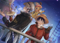 Rule 34 | 2boys, :d, against railing, antlers through headwear, black coat, black hair, breath, coat, earrings, fur hat, gloves, hand up, hat, jewelry, long sleeves, male focus, monkey d. luffy, multiple boys, nami (one piece), one piece, open mouth, outdoors, parted lips, railing, reindeer, sanji (one piece), sheath, sheathed, smile, snowing, straw hat, striped, striped coat, sword, tony tony chopper, trafalgar law, weapon, winter clothes, winter coat, yurichi (artist)