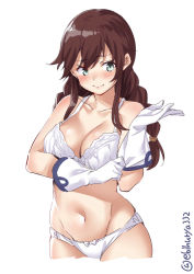 Rule 34 | 1girl, blush, bra, braid, breasts, brown hair, cleavage, collarbone, cropped torso, ebifurya, elbow gloves, glove pull, gloves, green eyes, highres, kantai collection, large breasts, long hair, looking at viewer, navel, noshiro (kancolle), panties, simple background, smile, solo, swept bangs, twin braids, twintails, twitter username, underwear, underwear only, upper body, white background, white bra, white gloves, white panties