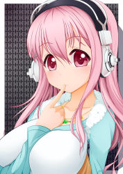 Rule 34 | 1girl, :3, arm between breasts, between breasts, blush, breasts, finger to mouth, headphones, large breasts, long hair, looking at viewer, nitroplus, pink eyes, pink hair, sei (6862879), solo, super sonico