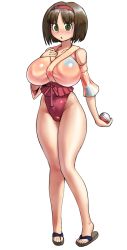 Rule 34 | 1girl, adapted costume, blush, borvar, breasts, brown hair, collarbone, creatures (company), erika (pokemon), full body, game freak, green eyes, hairband, highleg, highres, huge breasts, japanese clothes, large breasts, legs, leotard, looking at viewer, nintendo, parted bangs, parted lips, poke ball, pokemon, pokemon frlg, sandals, short hair, simple background, solo, standing, white background, wide hips