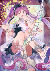 Rule 34 | 1girl, argyle, bare shoulders, black ribbon, bow (weapon), bracelet, choker, commentary, dress, euryale (fate), euryale (third ascension) (fate), fate/grand order, fate (series), frilled hairband, frills, hairband, halo, highres, holding, holding bow (weapon), holding weapon, jewelry, kanimiso (user cnb0218), lolita hairband, long hair, looking at viewer, necklace, one eye closed, purple eyes, purple hair, ribbon, ring, sandals, solo, star (symbol), twintails, very long hair, weapon, white dress