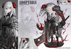 Rule 34 | 1girl, 2020, adoptable, allosauc, animal skull, armor, artist name, asymmetrical sleeves, belt, belt buckle, black belt, black collar, black dress, black footwear, black gloves, black sleeves, blood, blood splatter, bloody weapon, boots, buckle, chain, character sheet, cleaver, clenched hand, close-up, closed mouth, clothing cutout, collar, collarbone, commentary, cowboy shot, detached collar, deviantart username, dress, english commentary, english text, full body, gloves, goat horns, gradient background, grey background, highres, holding, holding sword, holding weapon, horns, huge weapon, leg belt, light blush, light frown, long hair, long sleeves, mismatched sleeves, monster, multiple belts, multiple views, original, pale skin, pauldrons, polka dot, polka dot background, projected inset, red eyes, red horns, shoe belt, short dress, shoulder armor, side cutout, simple background, sword, thigh belt, thigh strap, torn clothes, torn dress, triangle background, weapon, white hair, white sleeves