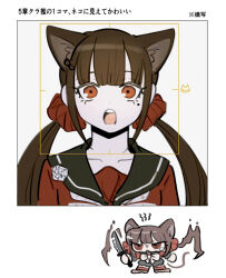 Rule 34 | 1girl, :o, animal ears, black sailor collar, bow, bowtie, cat ears, chibi, collarbone, danganronpa (series), danganronpa v3: killing harmony, facial recognition, grey background, hair ornament, hairclip, harukawa maki, highres, holding, holding knife, knife, mole, mole under eye, morning (d0nteat), portrait, red eyes, red shirt, sailor collar, shirt, teeth, translation request, upper teeth only, white background