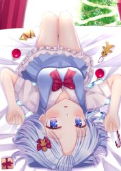 Rule 34 | 1girl, bad id, bad pixiv id, bed, blue dress, blue eyes, blue hair, blush, bow, christmas, christmas ornaments, christmas present, christmas tree, cirno, curtains, decorations, dress, from above, gift, hair ornament, highres, lying, nibosi, on back, parted bangs, short hair, short sleeves, solo, touhou