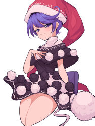 Rule 34 | 1girl, :3, absurdres, black dress, closed mouth, doremy sweet, dress, hat, highres, looking at viewer, mugi (mugimugi 9kv), nightcap, pom pom (clothes), purple eyes, purple hair, red hat, short hair, simple background, smile, solo, touhou, turtleneck, two-tone dress, white background, white dress