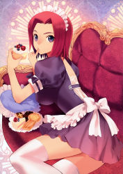 Rule 34 | 00s, 1girl, absurdres, alternate costume, apron, berry, blue eyes, cake, code geass, code geass heroine tribute, couch, dessert, dress, enmaided, finger to mouth, food, frilled pillow, frills, highres, icing, kouzuki kallen, lace, looking at viewer, maid, maid apron, maid headdress, miyama waka, pastry, pillow, pink hair, ribbon, scan, short dress, short hair, solo, sugiyama waka, thighhighs, white thighhighs