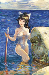 Rule 34 | 1girl, amibazh, azur lane, black hair, blue sky, bokken, bow, breasts, brown eyes, casual one-piece swimsuit, clothing cutout, cloud, cowboy shot, criss-cross halter, day, hair bow, hair flaps, halterneck, horizon, large breasts, long hair, looking at viewer, navel cutout, ocean, official alternate costume, one-piece swimsuit, outdoors, ponytail, ribbon, rock, sky, swimsuit, sword, takao (azur lane), takao (beach rhapsody) (azur lane), weapon, weater, white bow, white ribbon, white one-piece swimsuit, wooden sword