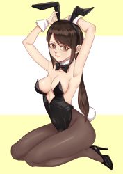 Rule 34 | 1girl, ababa, absurdres, animal ears, arms behind head, arms up, black bow, black bowtie, black hair, black leotard, black pantyhose, bow, bowtie, breasts, brown eyes, commentary request, detached collar, fake animal ears, highres, leotard, long hair, looking at viewer, medium breasts, original, pantyhose, playboy bunny, rabbit ears, rabbit tail, sitting, solo, strapless, strapless leotard, tail, two-tone background, wariza, wrist cuffs, yellow background