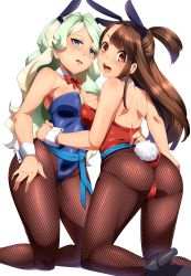 Rule 34 | 10s, 2girls, :d, absurdres, alternate costume, animal ears, armpits, ass, bare arms, bare back, bare shoulders, black footwear, blonde hair, blue eyes, blue leotard, blunt bangs, blush, bow, bowtie, breasts, brown hair, cleavage, detached collar, diana cavendish, fake animal ears, female focus, fishnet pantyhose, fishnets, green hair, groin, half-closed eyes, hand on another&#039;s hip, happy, high heels, highres, hip focus, hug, kagari atsuko, kneeling, legs, leotard, little witch academia, long hair, looking at viewer, looking back, magukappu, medium breasts, multicolored hair, multiple girls, one side up, open mouth, pantyhose, playboy bunny, rabbit ears, rabbit tail, red bow, red bowtie, red eyes, red leotard, round teeth, shoes, sideboob, simple background, smile, strapless, strapless leotard, tail, teeth, two-tone hair, white background, wrist cuffs, yuri