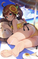 Rule 34 | 1girl, ahoge, ass, bare legs, bare shoulders, barefoot, beach, beach towel, beach umbrella, bikini, blue sky, brown hair, cameltoe, cloud, commentary request, day, feet, flower, green eyes, hair flower, hair ornament, highres, hololive, lens flare, long hair, looking at viewer, lying, md5 mismatch, natsuiro matsuri, natsuiro matsuri (hololive summer 2019), outdoors, puripuri, resolution mismatch, side ponytail, sky, soles, solo, source smaller, summer, sunflower, sunflower hair ornament, sunlight, swimsuit, tan, tanline, toes, towel, umbrella, virtual youtuber, yellow bikini