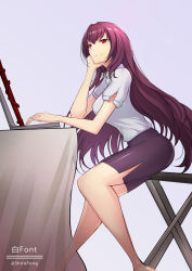 Rule 34 | 1girl, chair, computer, fate/grand order, fate (series), gae bolg (fate), highres, laptop, legs, long hair, pencil skirt, purple eyes, red eyes, scathach (fate), shiro font, skirt