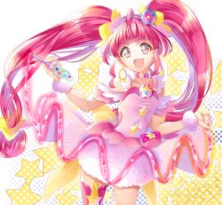 Rule 34 | 1girl, :d, ahoge, asymmetrical legwear, choker, collarbone, cowboy shot, cure star, dress, floating hair, hair ornament, highres, holding, holding pen, hoshina hikaru, layered dress, long hair, looking at viewer, open mouth, pen, pink dress, pink hair, precure, red eyes, red thighhighs, scrunchie, short dress, single thighhigh, sleeveless, sleeveless dress, smile, solo, standing, star twinkle precure, thighhighs, twintails, uneven legwear, very long hair, white background, white scrunchie, wrist scrunchie, yuutarou (fukiiincho)