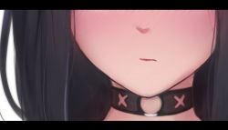 Rule 34 | 1girl, absurdres, black choker, black hair, blush, choker, closed mouth, commentary, framed, head out of frame, highres, letterboxed, long hair, original, portrait, shimmer, solo
