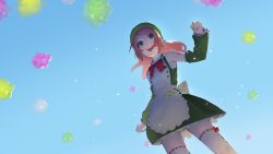 Rule 34 | 1girl, apron, backlighting, balloon, bare shoulders, beret, blue sky, bow, bowtie, cowboy shot, detached sleeves, dress, frilled dress, frills, green dress, green eyes, green hat, green sleeves, hand up, hat, highres, long hair, mi8pq, momone momo, open clothes, outdoors, pink hair, red bow, red bowtie, shoulder tattoo, sky, sleeveless, sleeveless dress, smile, solo, tattoo, thighhighs, utau, white thighhighs