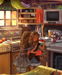 Rule 34 | 6+girls, alcohol, apron, basket, blonde hair, bloomers, blunt bangs, book, boots, bottle, bowl, braid, brick, brown hair, capelet, carrying, child, curtains, dishes, dress, fairy, food, french braid, fruit, gloves, highres, indoors, ivy, jar, jewelry, kitchen, ladle, light rays, looking at another, mini person, minigirl, mittens, mixing bowl, multiple girls, necklace, open mouth, orange eyes, original, oven, pendant, pitcher (container), plant, puffy short sleeves, puffy sleeves, red eyes, shelf, short sleeves, shorts, siblings, sisters, size difference, smile, spatula, squatting, standing, straw (stalk), sunbeam, sunlight, television, tura-09, twins, underwear, walking, weighing scale, window, wine, wine bottle